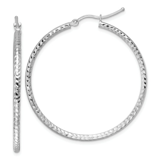 10K White Gold Diamond Cut 2mm Round Tube Hoop Earrings