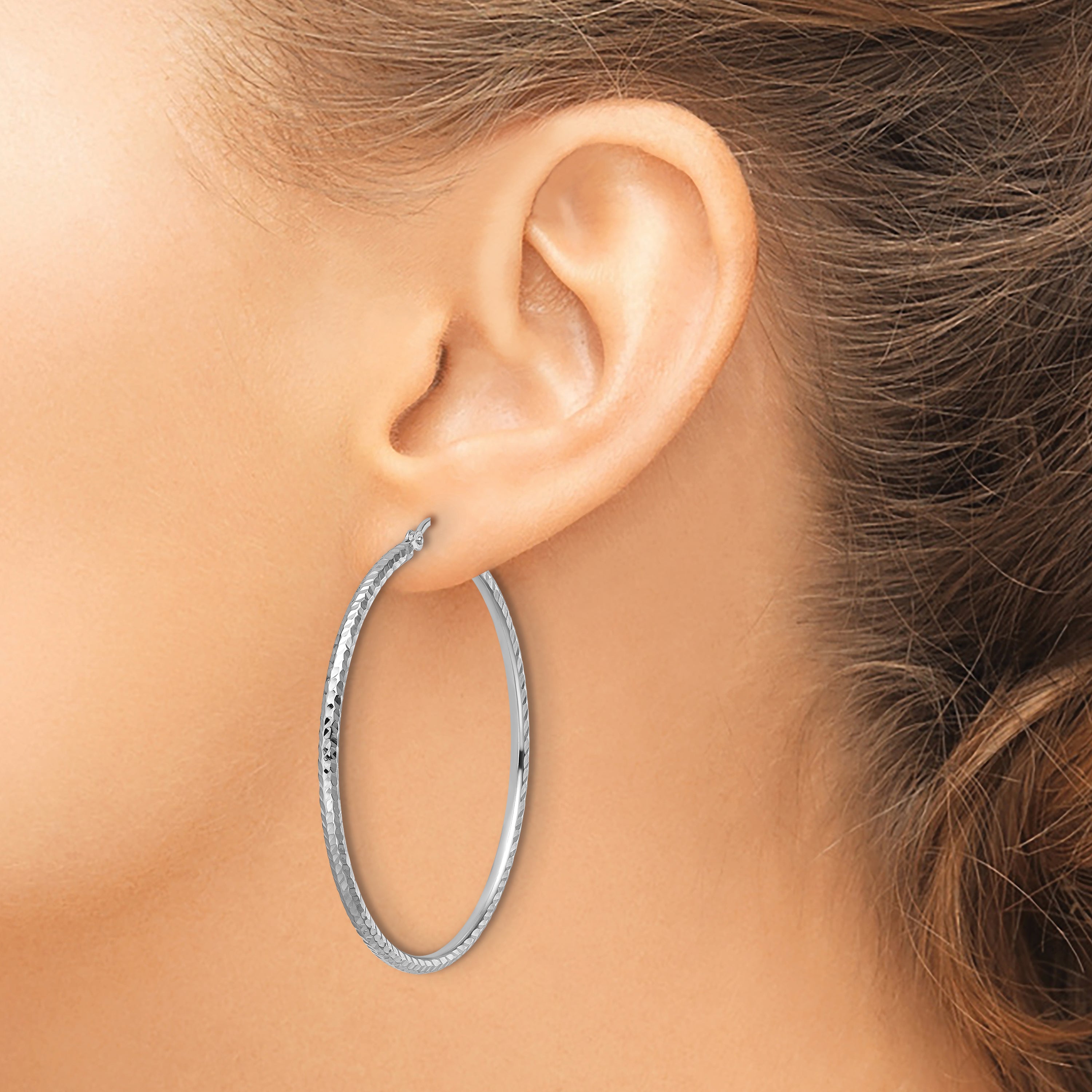 10K White Gold Diamond Cut 2mm Round Tube Hoop Earrings