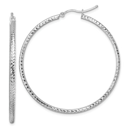 10K White Gold Diamond Cut 2mm Round Tube Hoop Earrings