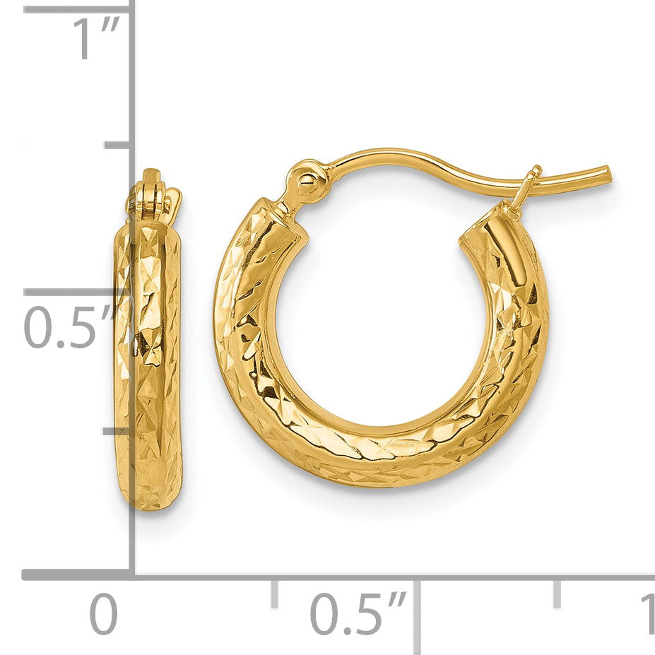 10K Yellow Gold Diamond Cut 3mm Round Hoop Earrings