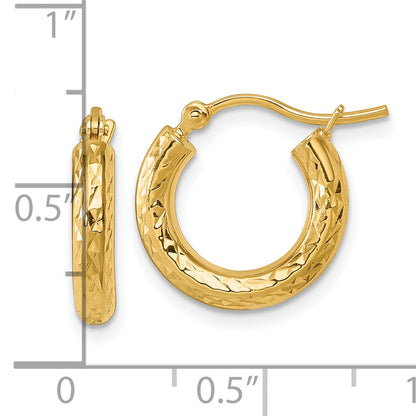 10K Yellow Gold Diamond Cut 3mm Round Hoop Earrings
