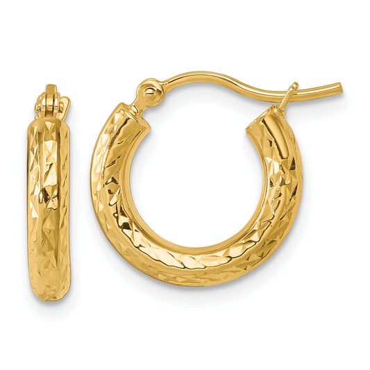 10K Yellow Gold Diamond Cut 3mm Round Hoop Earrings