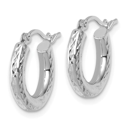 10K White Gold Diamond Cut 3mm Round Hoop Earrings