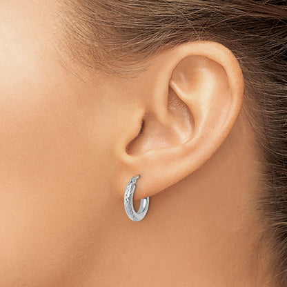 10K White Gold Diamond Cut 3mm Round Hoop Earrings
