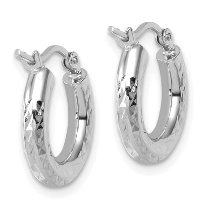 10K White Gold Diamond Cut 3mm Round Hoop Earrings
