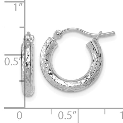 10K White Gold Diamond Cut 3mm Round Hoop Earrings