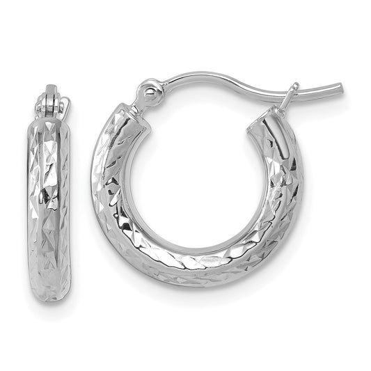 10K White Gold Diamond Cut 3mm Round Hoop Earrings