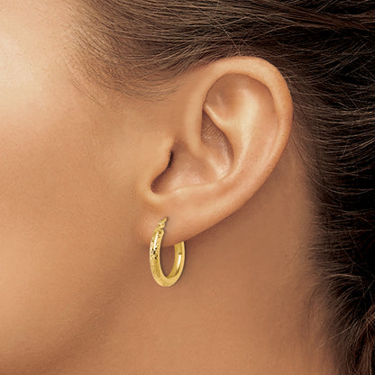 10K Yellow Gold Diamond Cut 3mm Round Hoop Earrings