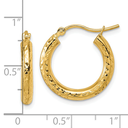 10K Yellow Gold Diamond Cut 3mm Round Hoop Earrings