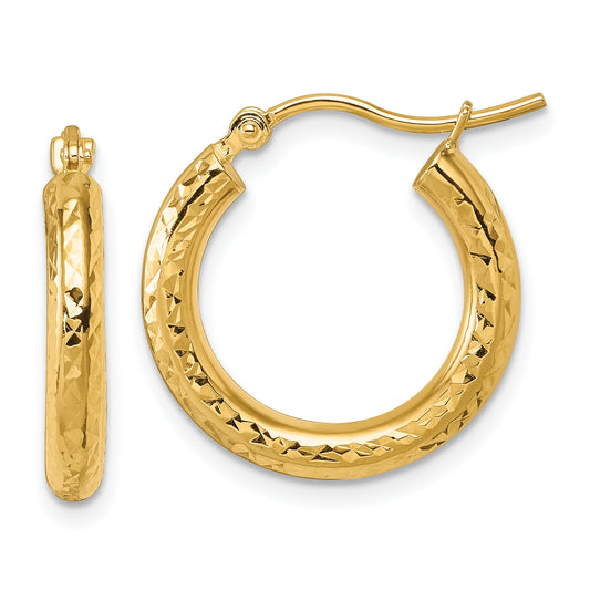 10K Yellow Gold Diamond Cut 3mm Round Hoop Earrings