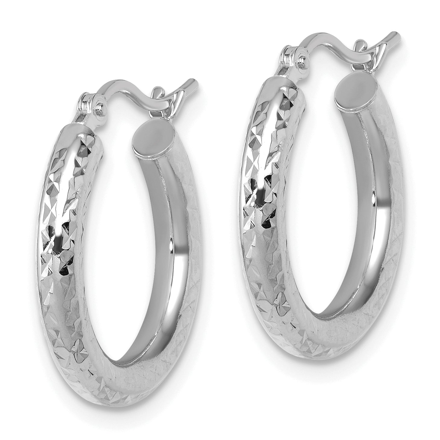 10K White Gold Diamond Cut 3mm Round Hoop Earrings