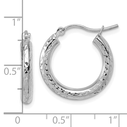 10K White Gold Diamond Cut 3mm Round Hoop Earrings