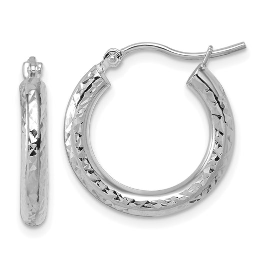 10K White Gold Diamond Cut 3mm Round Hoop Earrings