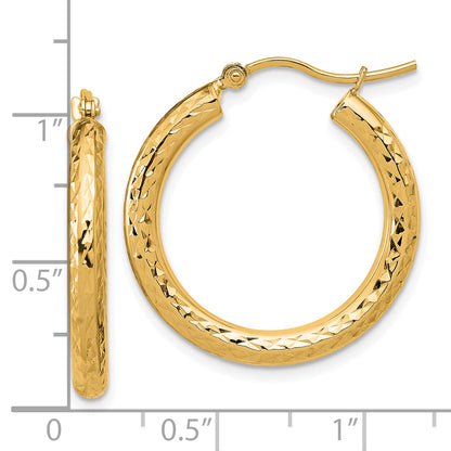 10K Yellow Gold Diamond Cut 3mm Round Hoop Earrings