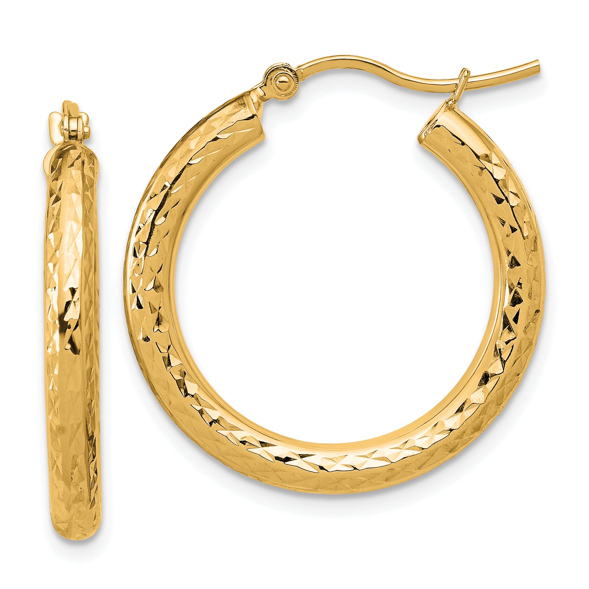 10K Yellow Gold Diamond Cut 3mm Round Hoop Earrings