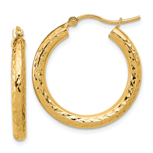 10K Yellow Gold Diamond Cut 3mm Round Hoop Earrings