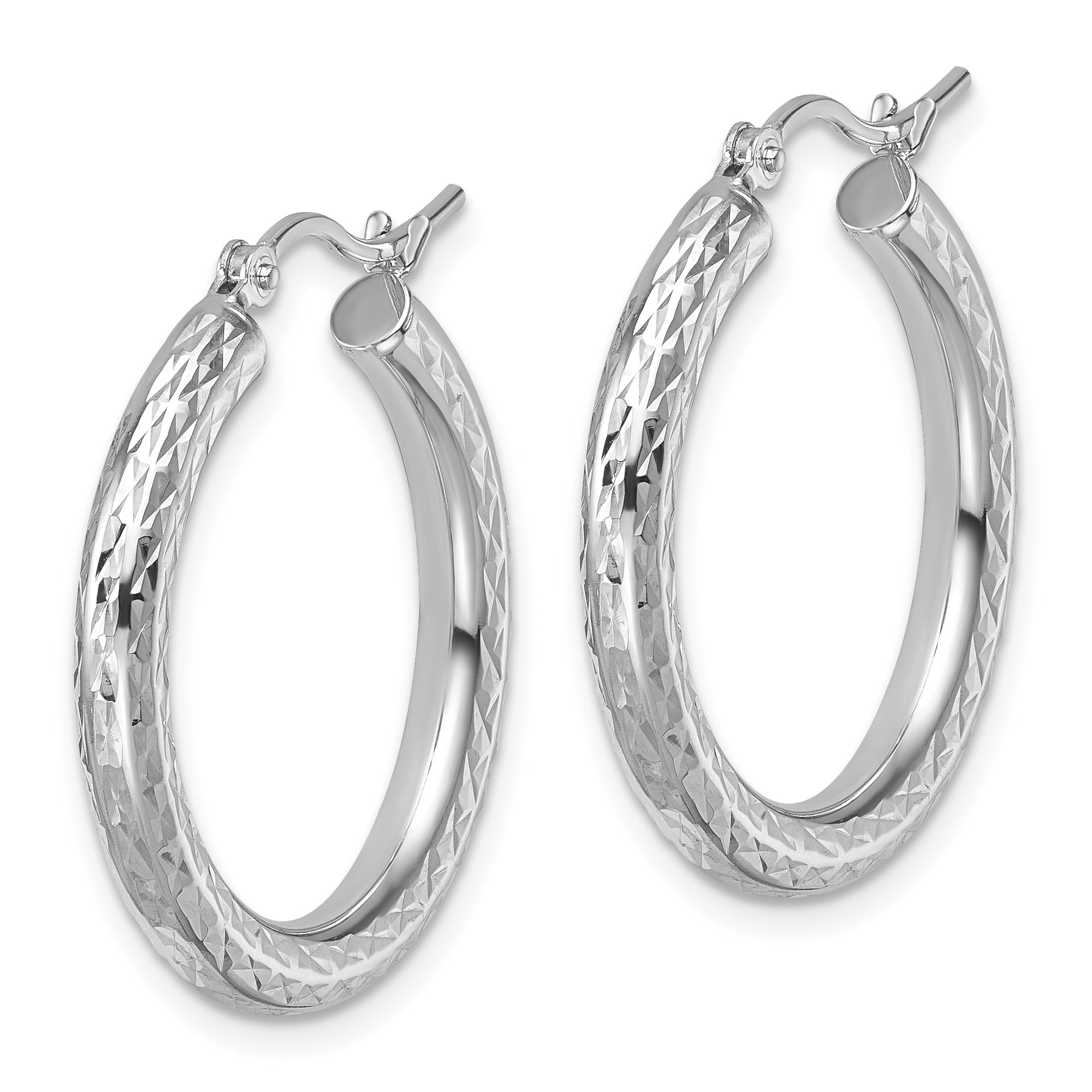 10K White Gold Diamond Cut 3mm Round Hoop Earrings