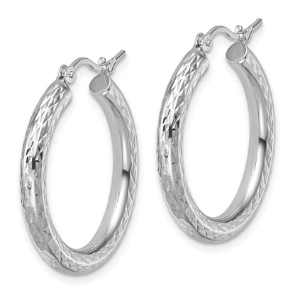 10K White Gold Diamond Cut 3mm Round Hoop Earrings