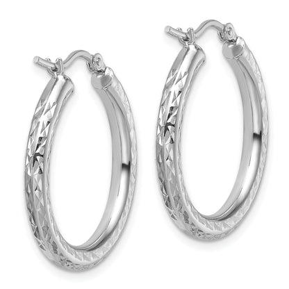 10K White Gold Diamond Cut 3mm Round Hoop Earrings