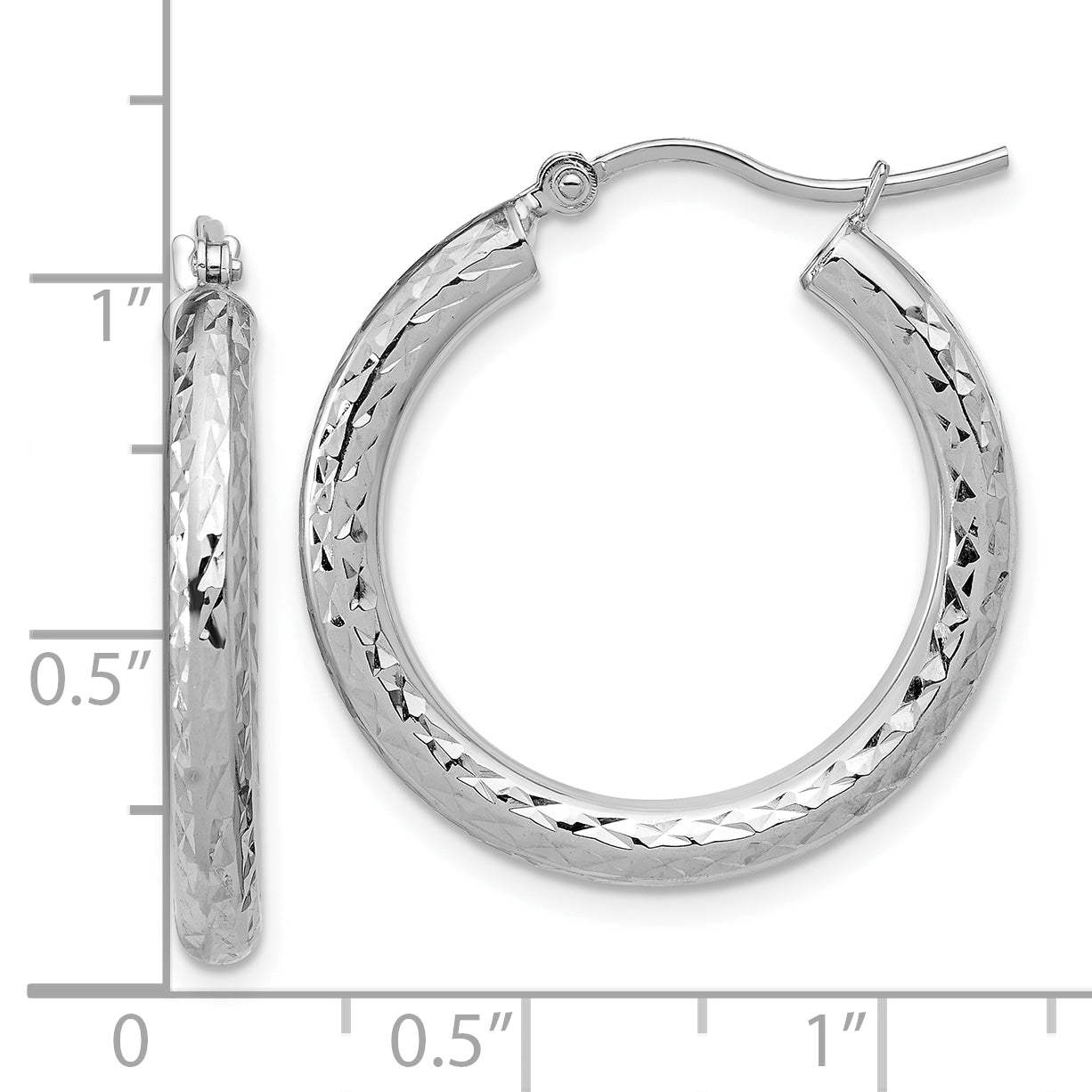 10K White Gold Diamond Cut 3mm Round Hoop Earrings