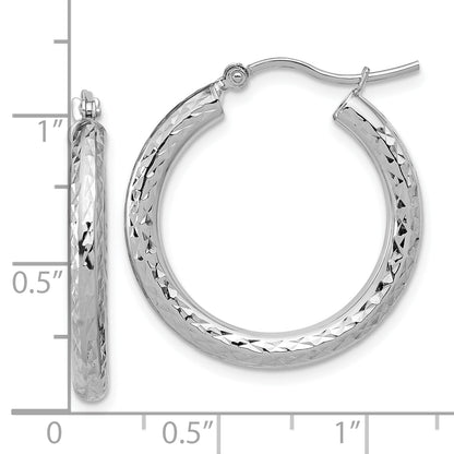 10K White Gold Diamond Cut 3mm Round Hoop Earrings