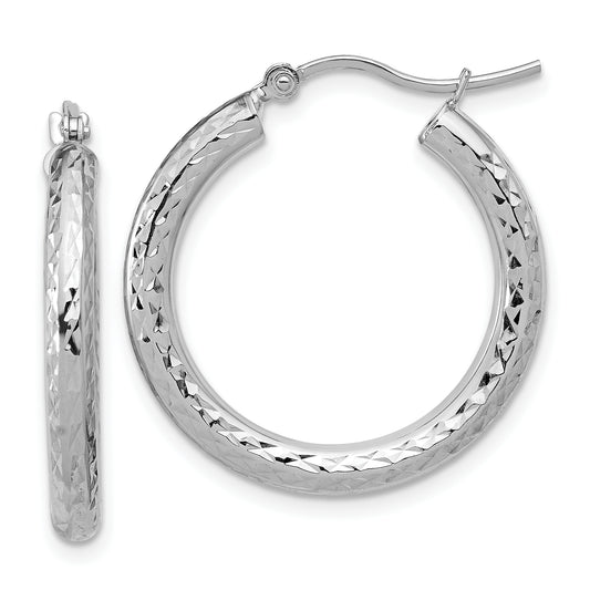 10K White Gold Diamond Cut 3mm Round Hoop Earrings