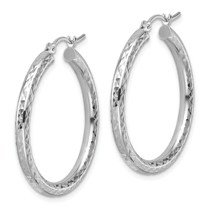 10K White Gold Diamond Cut 3mm Round Hoop Earrings