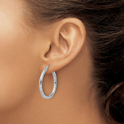 10K White Gold Diamond Cut 3mm Round Hoop Earrings