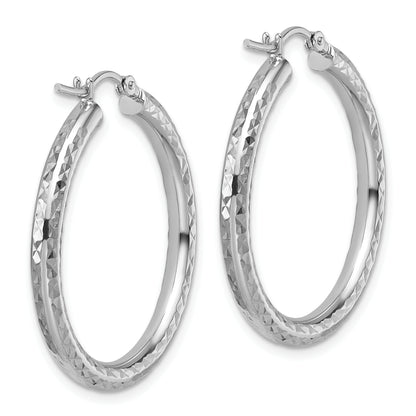 10K White Gold Diamond Cut 3mm Round Hoop Earrings