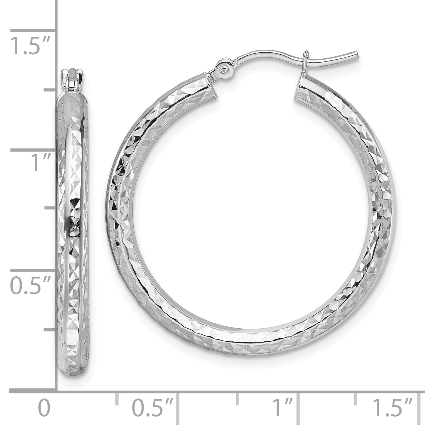 10K White Gold Diamond Cut 3mm Round Hoop Earrings