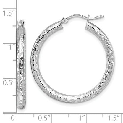 10K White Gold Diamond Cut 3mm Round Hoop Earrings