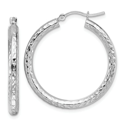 10K White Gold Diamond Cut 3mm Round Hoop Earrings