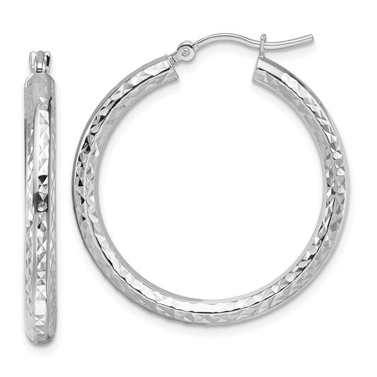 10K White Gold Diamond Cut 3mm Round Hoop Earrings