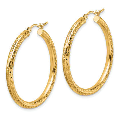 10K Yellow Gold Diamond Cut 3mm Round Hoop Earrings