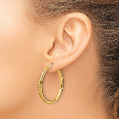 10K Yellow Gold Diamond Cut 3mm Round Hoop Earrings