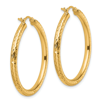 10K Yellow Gold Diamond Cut 3mm Round Hoop Earrings