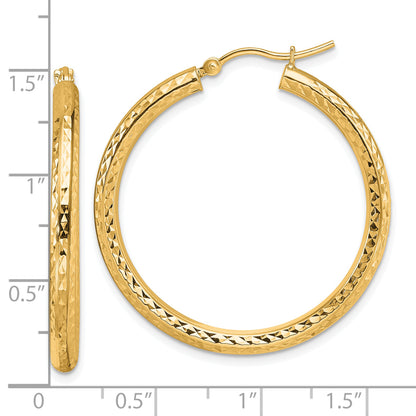 10K Yellow Gold Diamond Cut 3mm Round Hoop Earrings