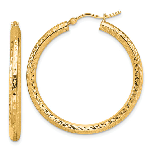10K Yellow Gold Diamond Cut 3mm Round Hoop Earrings