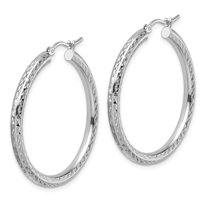 10K White Gold Diamond Cut 3mm Round Hoop Earrings