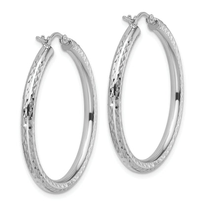 10K White Gold Diamond Cut 3mm Round Hoop Earrings