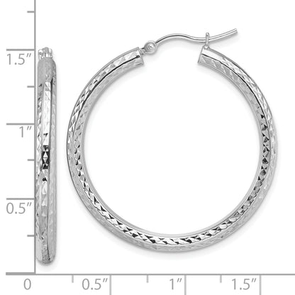 10K White Gold Diamond Cut 3mm Round Hoop Earrings