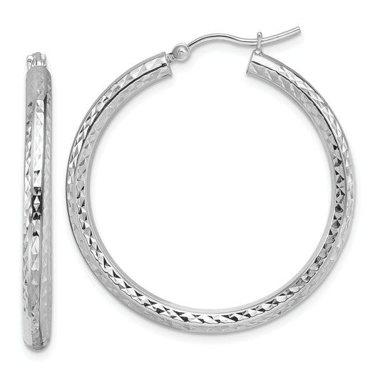 10K White Gold Diamond Cut 3mm Round Hoop Earrings