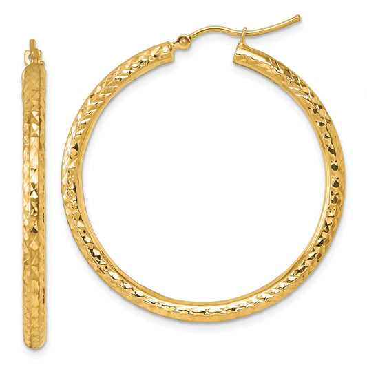10K Yellow Gold Diamond Cut 3mm Round Hoop Earrings