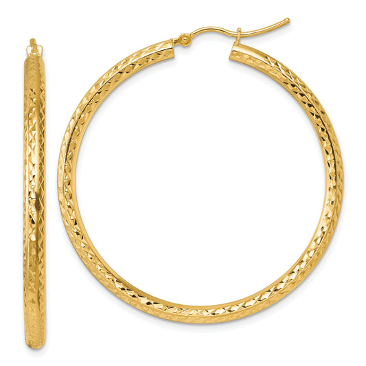 10K Yellow Gold Diamond Cut 3mm Round Hoop Earrings