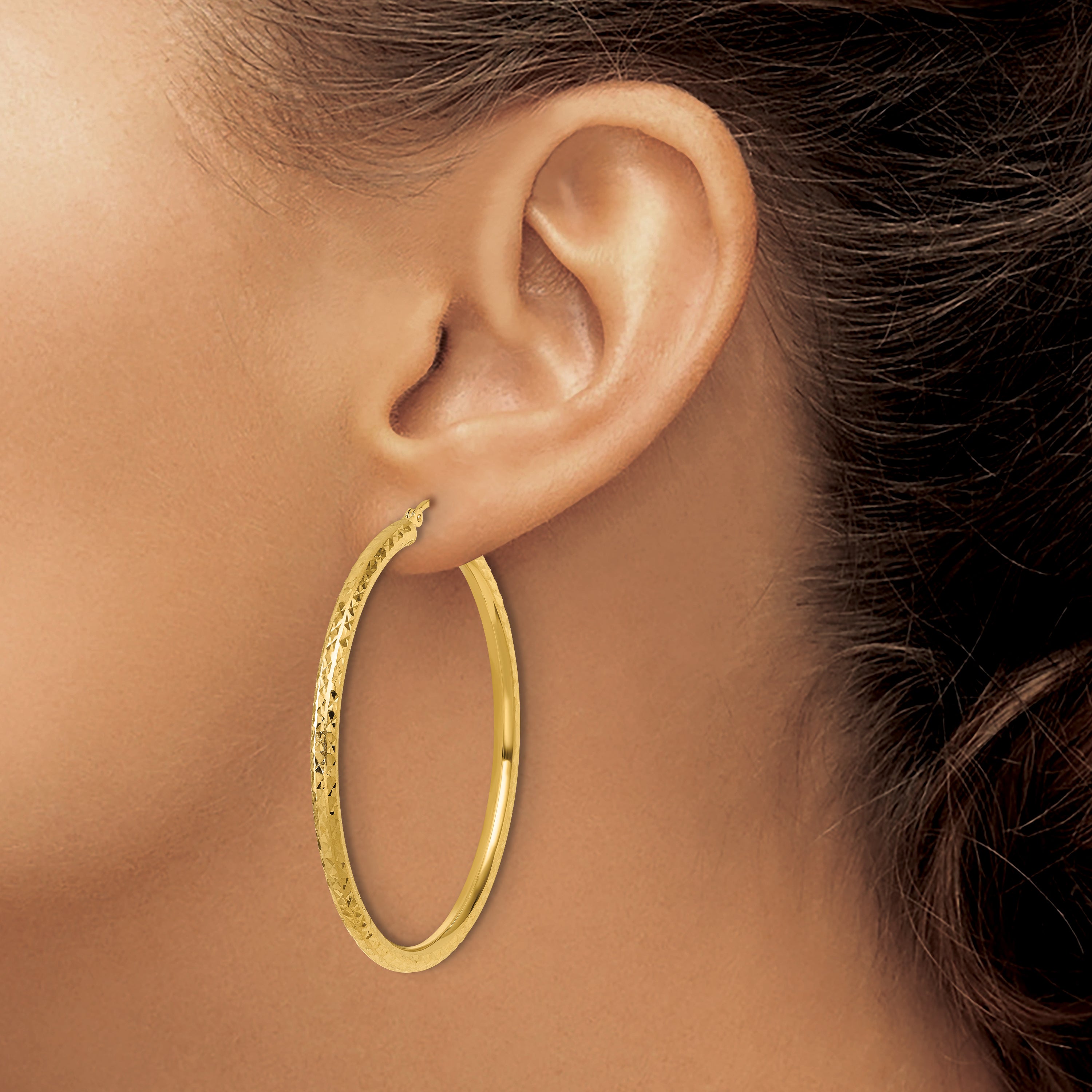 10K Yellow Gold Diamond Cut 3mm Round Hoop Earrings