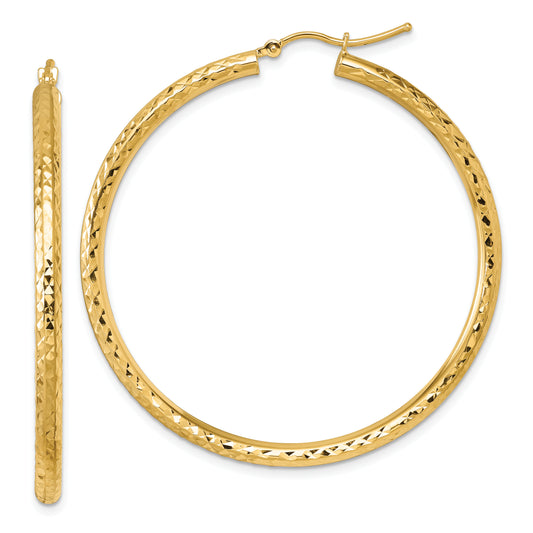 10K Yellow Gold Diamond Cut 3mm Round Hoop Earrings