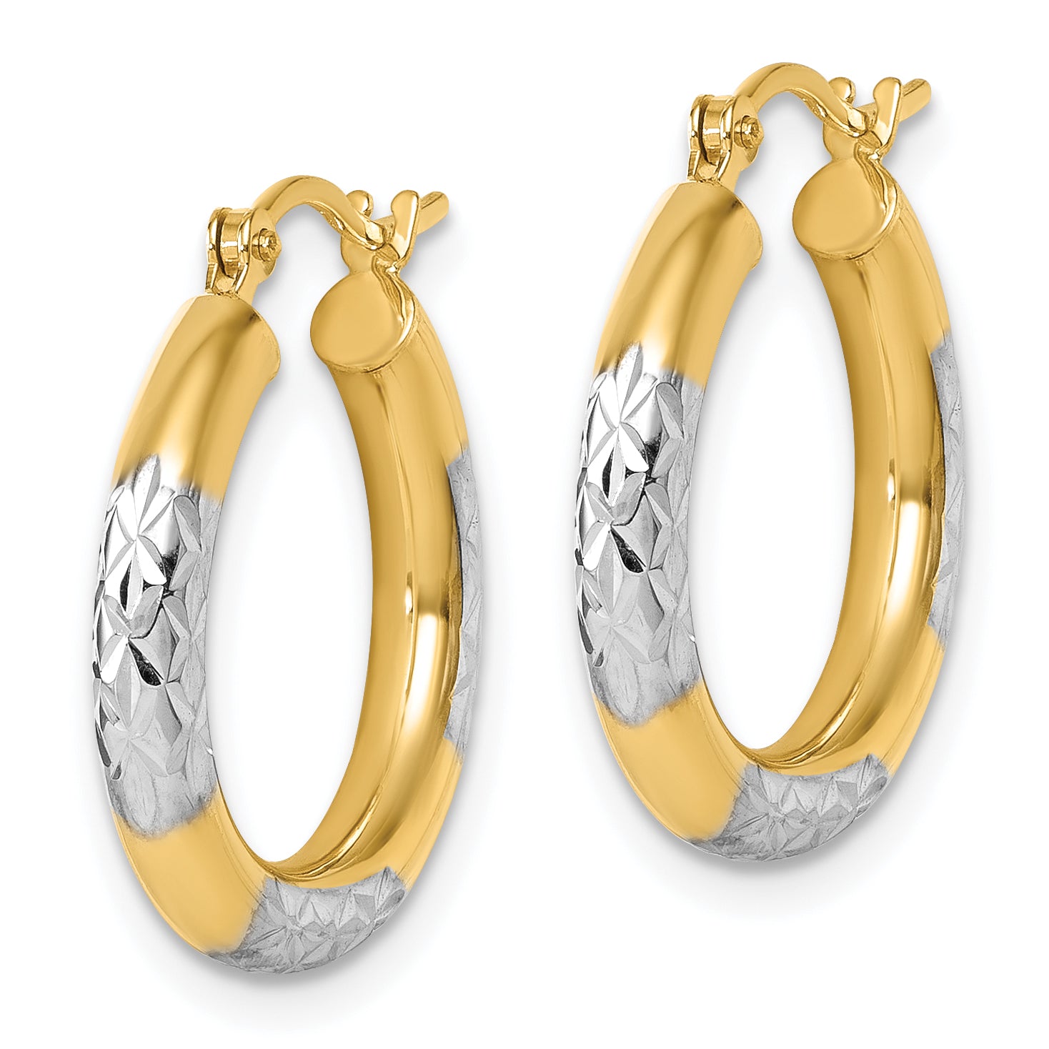 10K Yellow Gold With Rhodium Diamond Cut 3mm Hoop Earrings