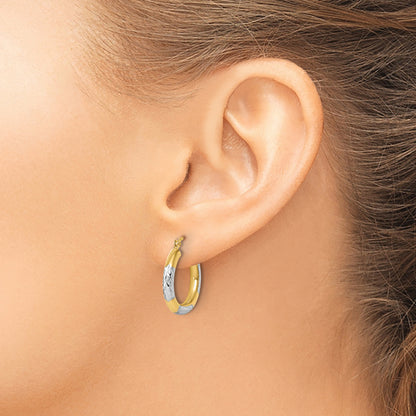 10K Yellow Gold With Rhodium Diamond Cut 3mm Hoop Earrings