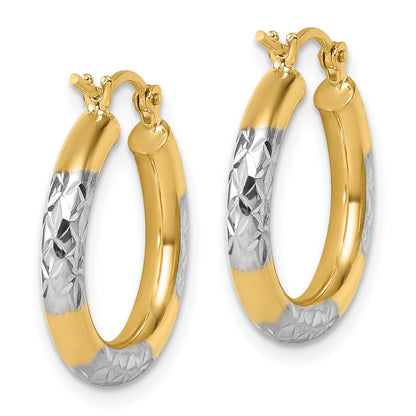 10K Yellow Gold With Rhodium Diamond Cut 3mm Hoop Earrings