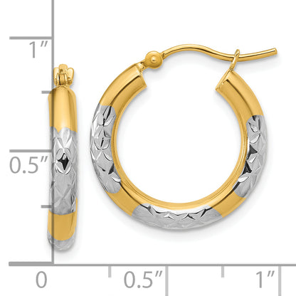 10K Yellow Gold With Rhodium Diamond Cut 3mm Hoop Earrings